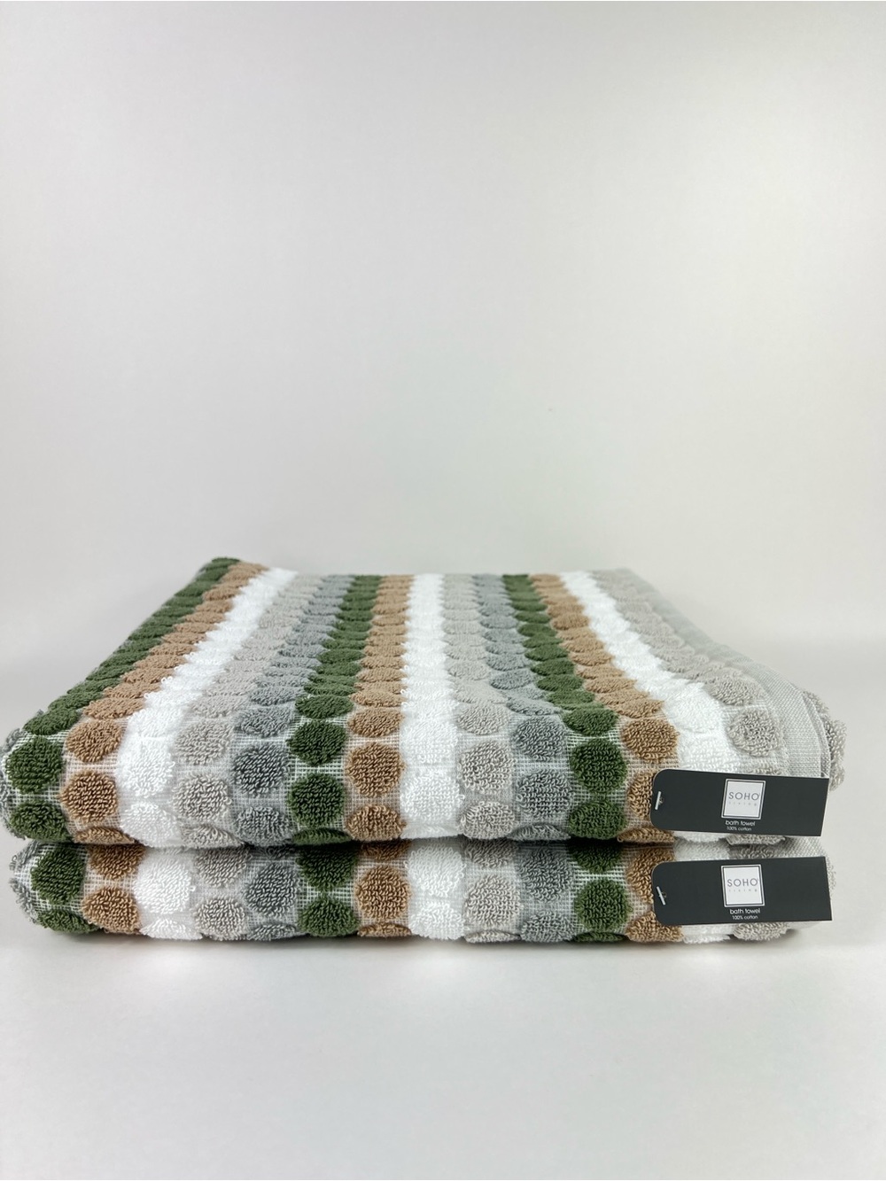 Soho Living Bath Towel Set Dots and Stripes Green Tan White 100% Cotton 2 Pc NEW